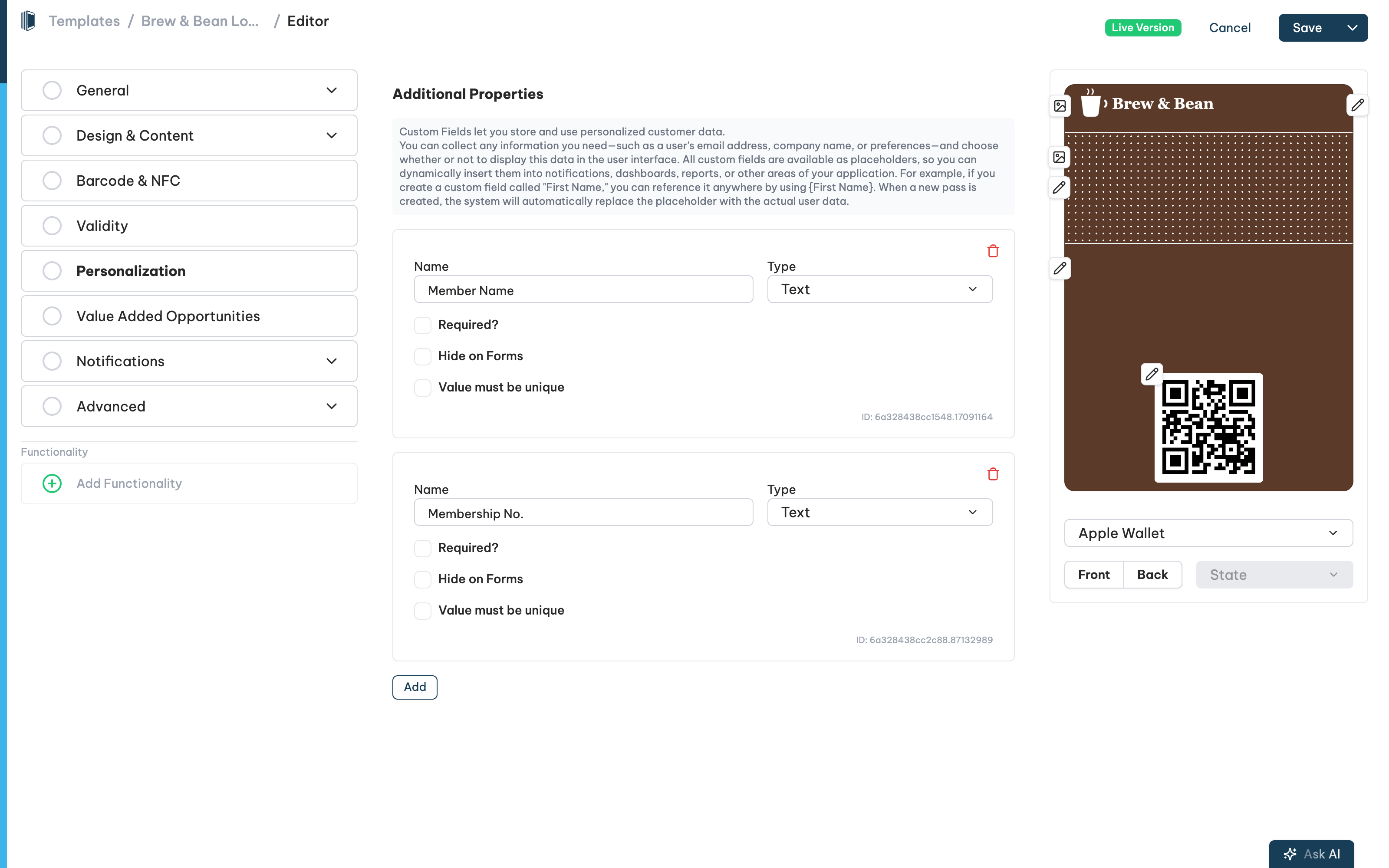 The Personalization section with custom fields added