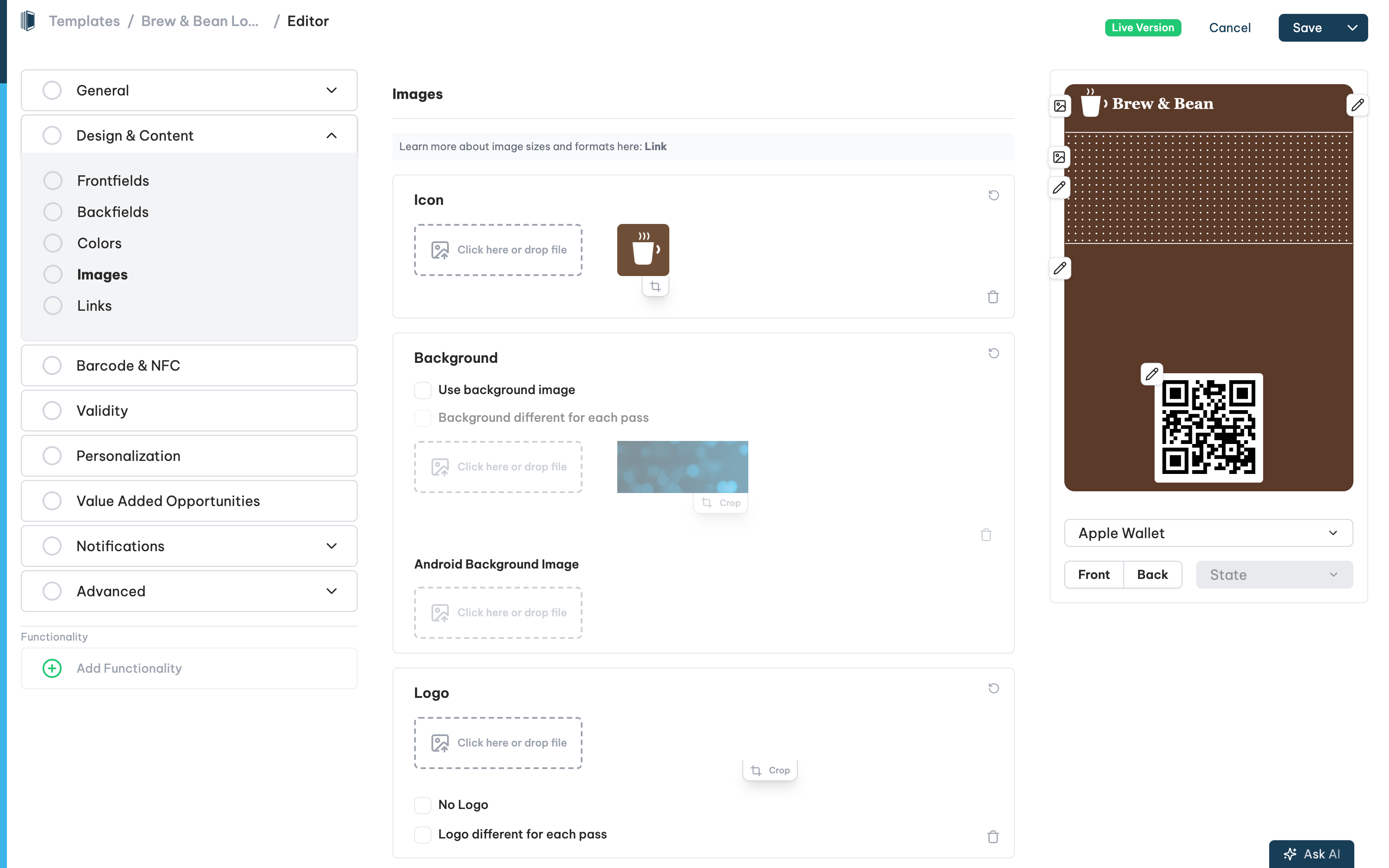 The Design and Content section with a logo uploaded and the live preview