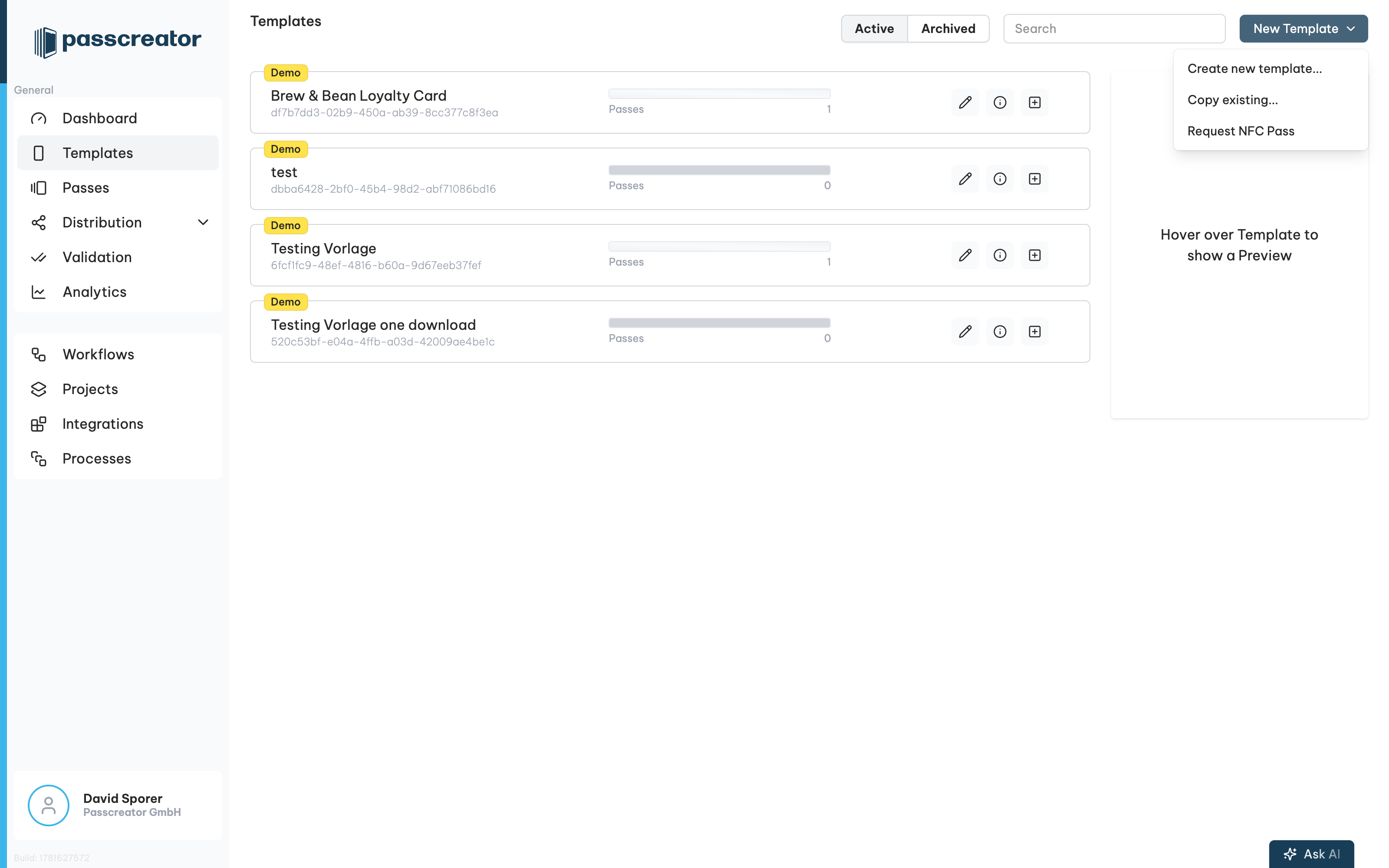 The Templates page with the New Template menu open