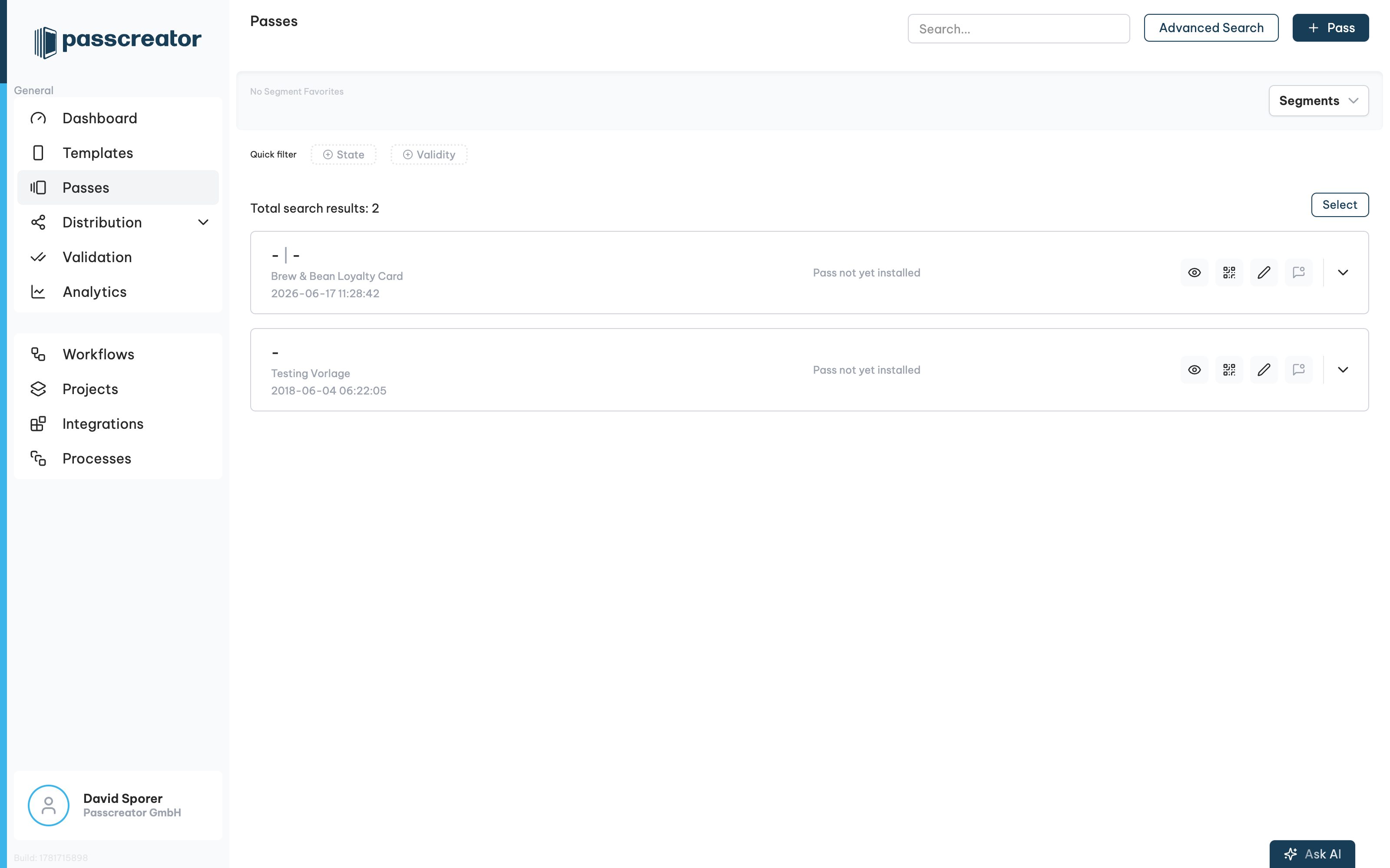 The Passes list with Quick filter and Segments