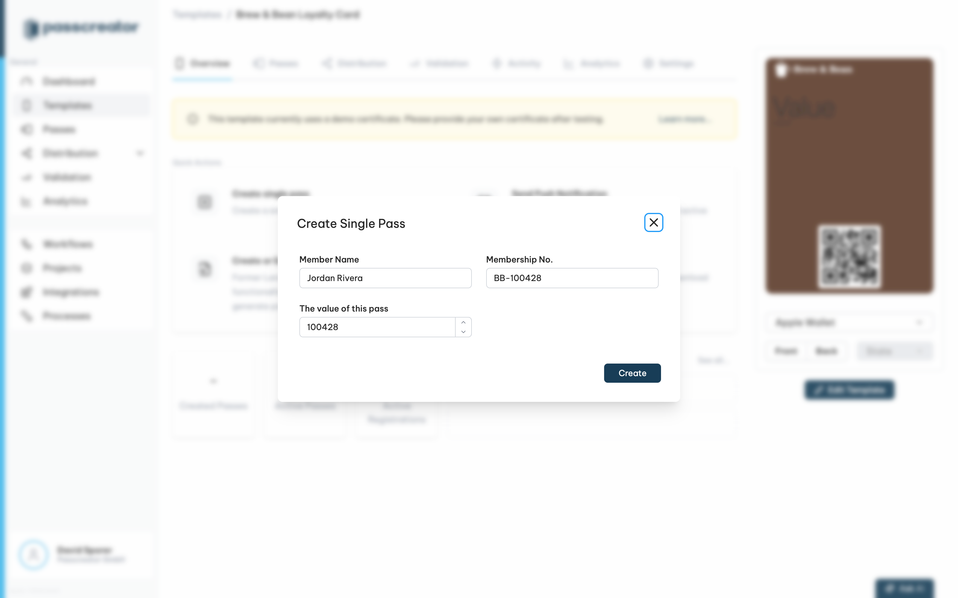 The Create Single Pass form with the personalised fields