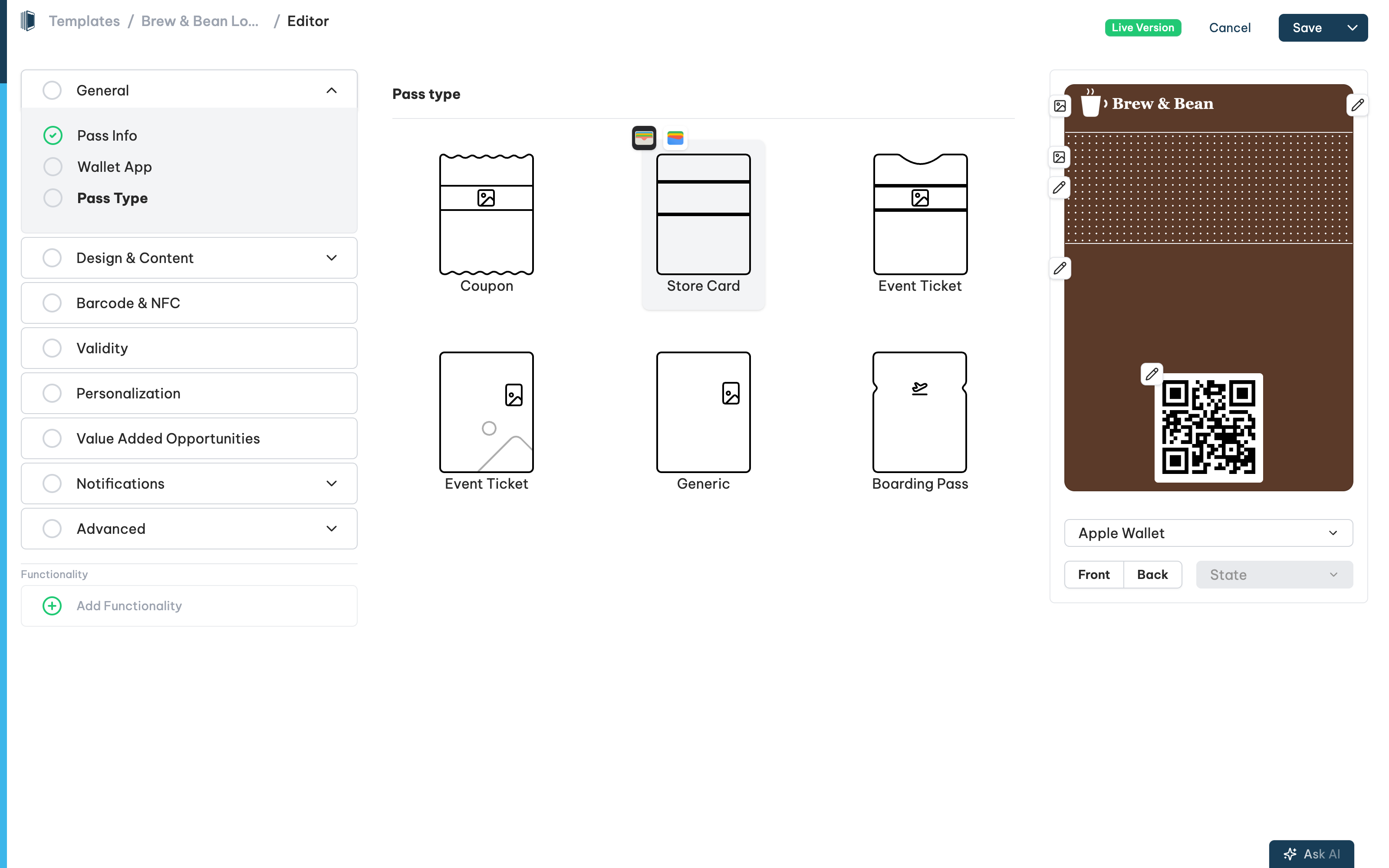 The Pass Type chooser in the editor